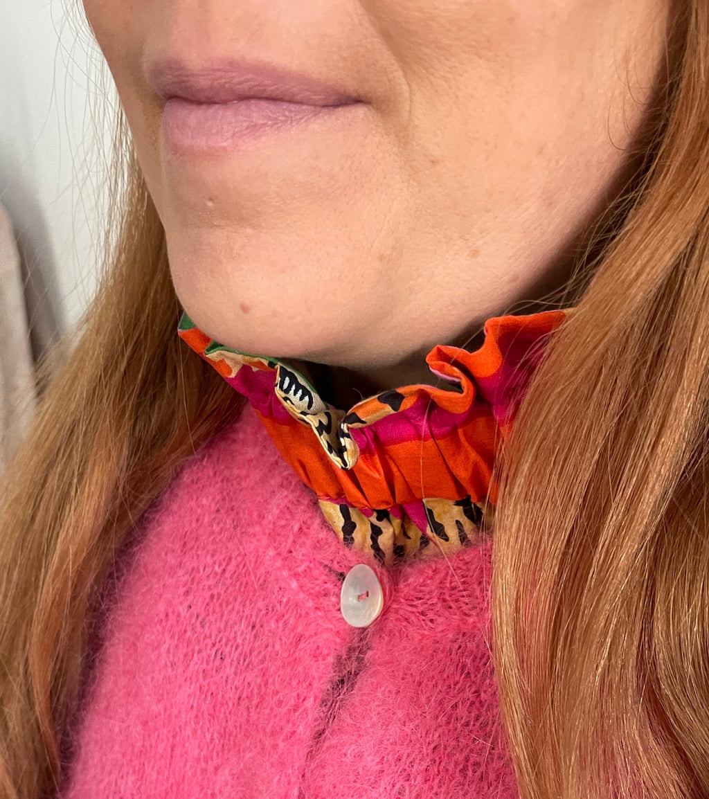 Détail fronces/volants, col amovible en coton, blockprint Inde