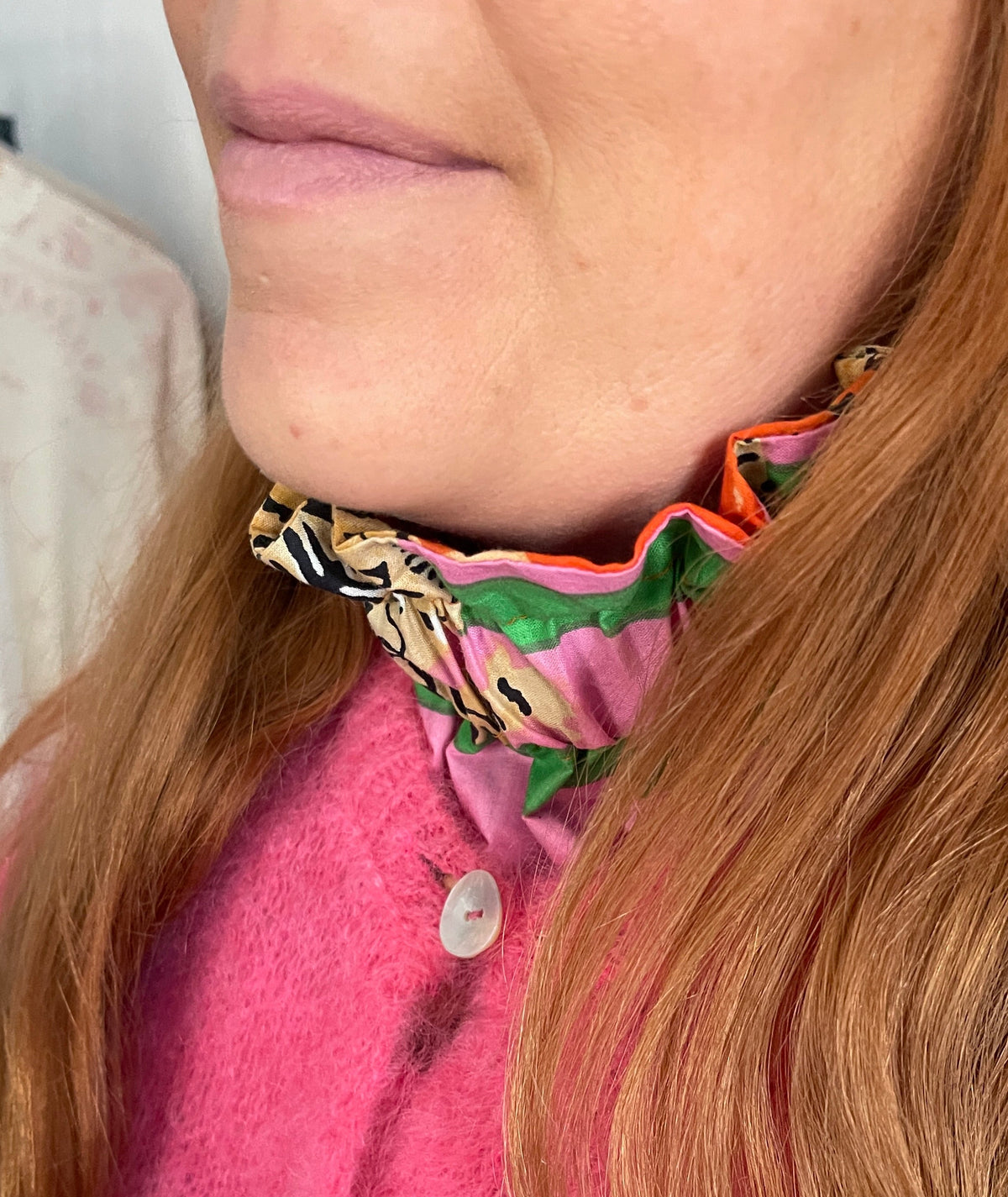 Détail fronces/volants, col amovible en coton, blockprint Inde