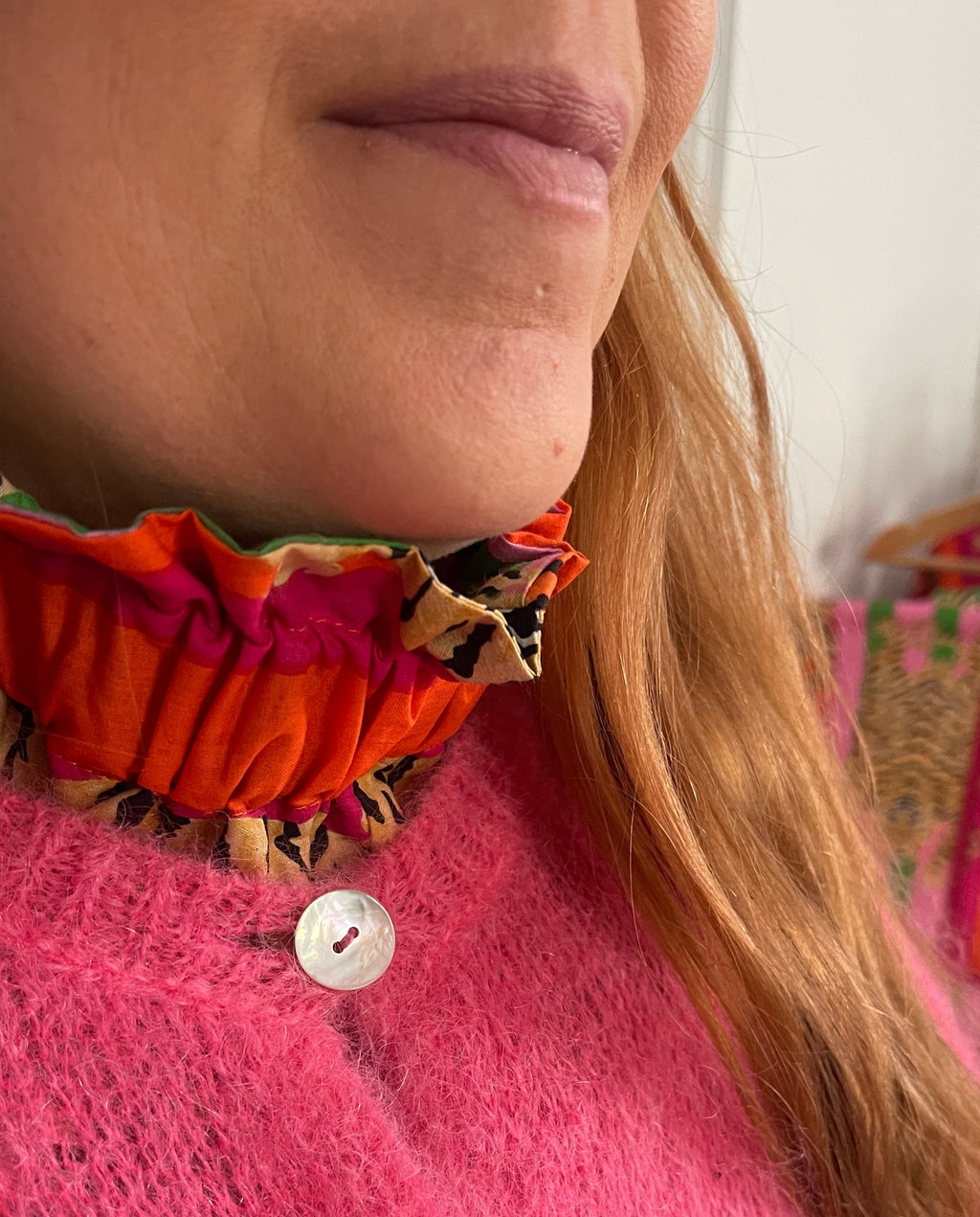 Détail fronces/volants, col amovible en coton, blockprint Inde