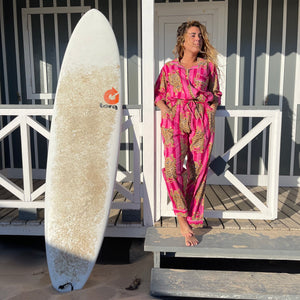 Pyjama coton femme Hari, ensemble chemise avec un pantalon, imprimé artisanal blockprint rayures rose et rose fuschia avec le tigre du bengale, confection en Inde et à la demande