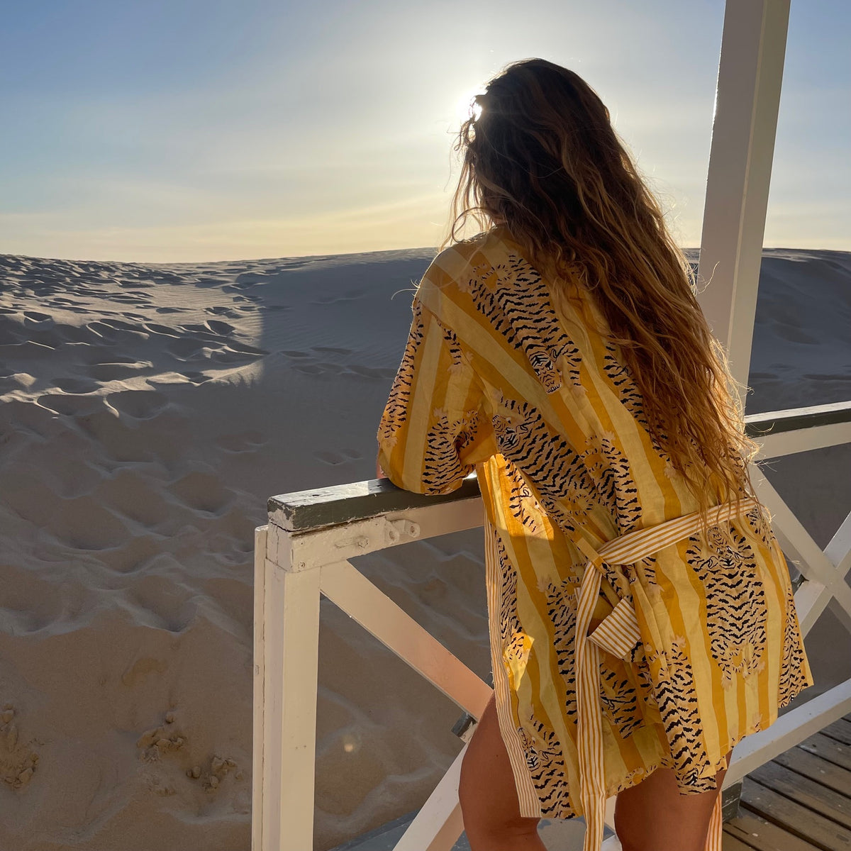 dos du kimono court Indra en coton, ceinture et poches, imprimé blockprint Inde