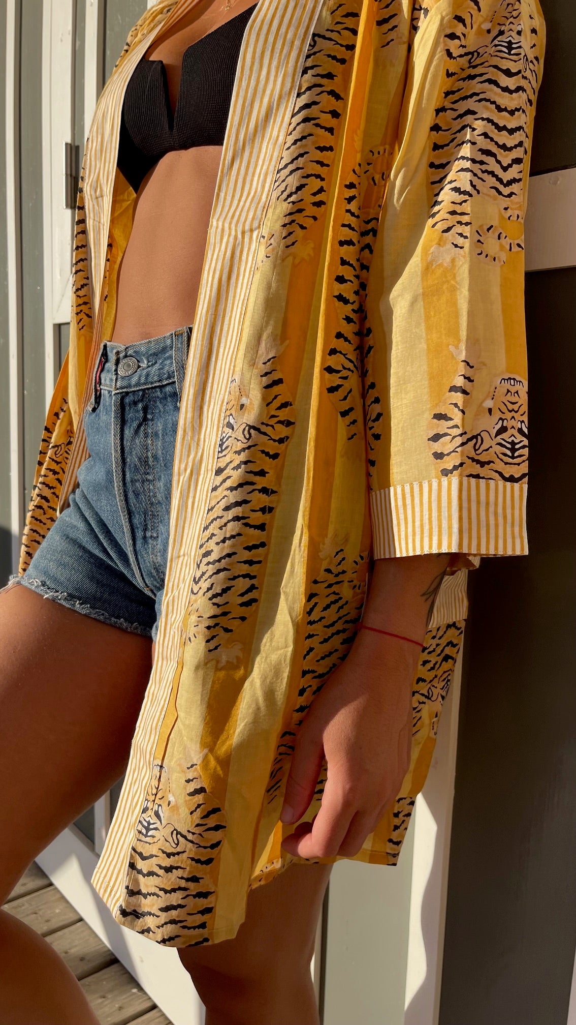 Kimono court Indra en coton, ceinture et poches, imprimé blockprint Inde, confection à la demande