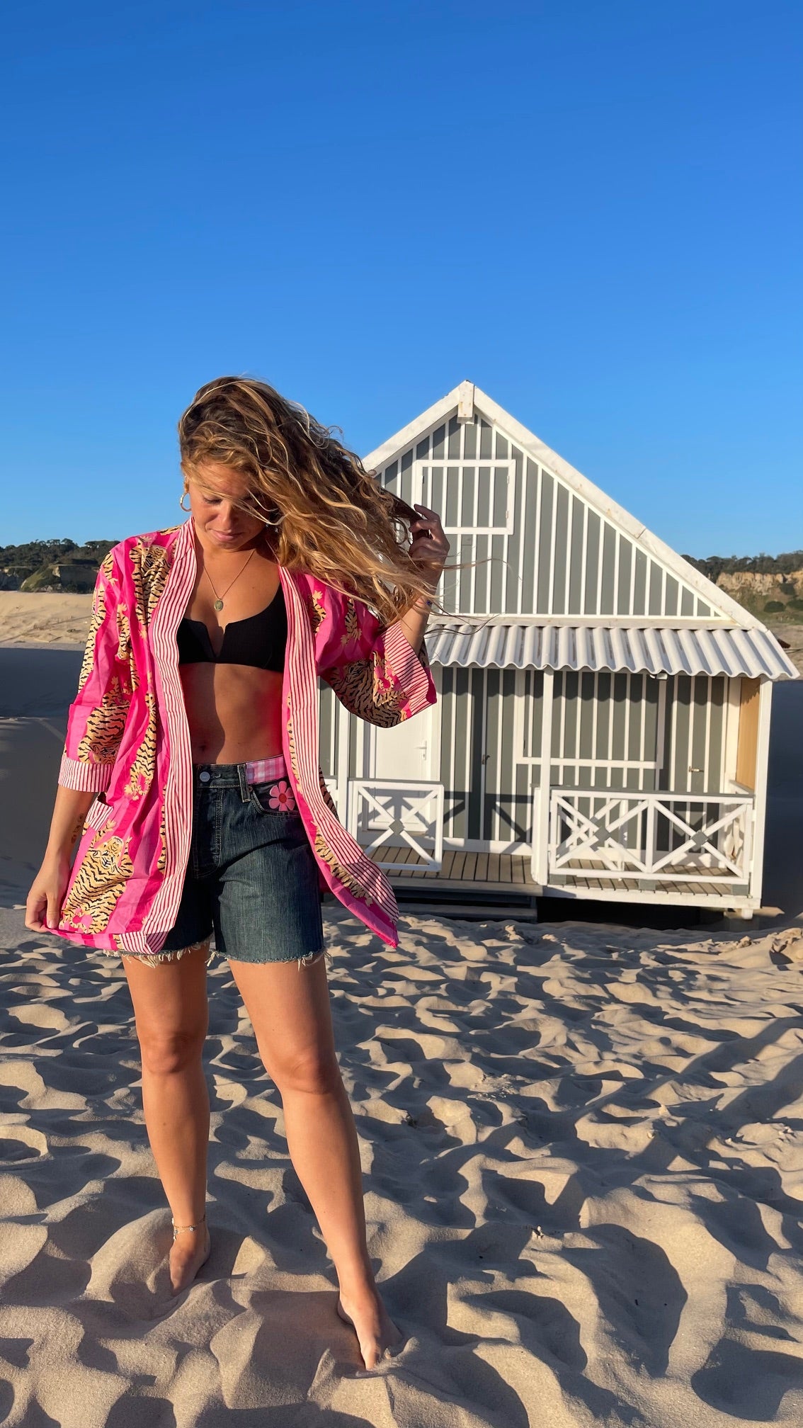 Kimono Indra court, coloris rose & fuchsia, fait à la demande, confection artisanale et ancestrale, blockprint