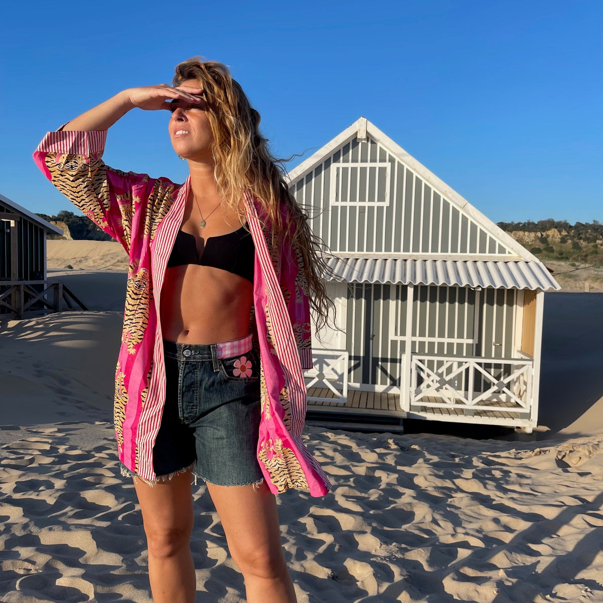 Kimono Indra court, coloris rose & fuchsia, fait à la demande, confection artisanale et ancestrale, blockprint