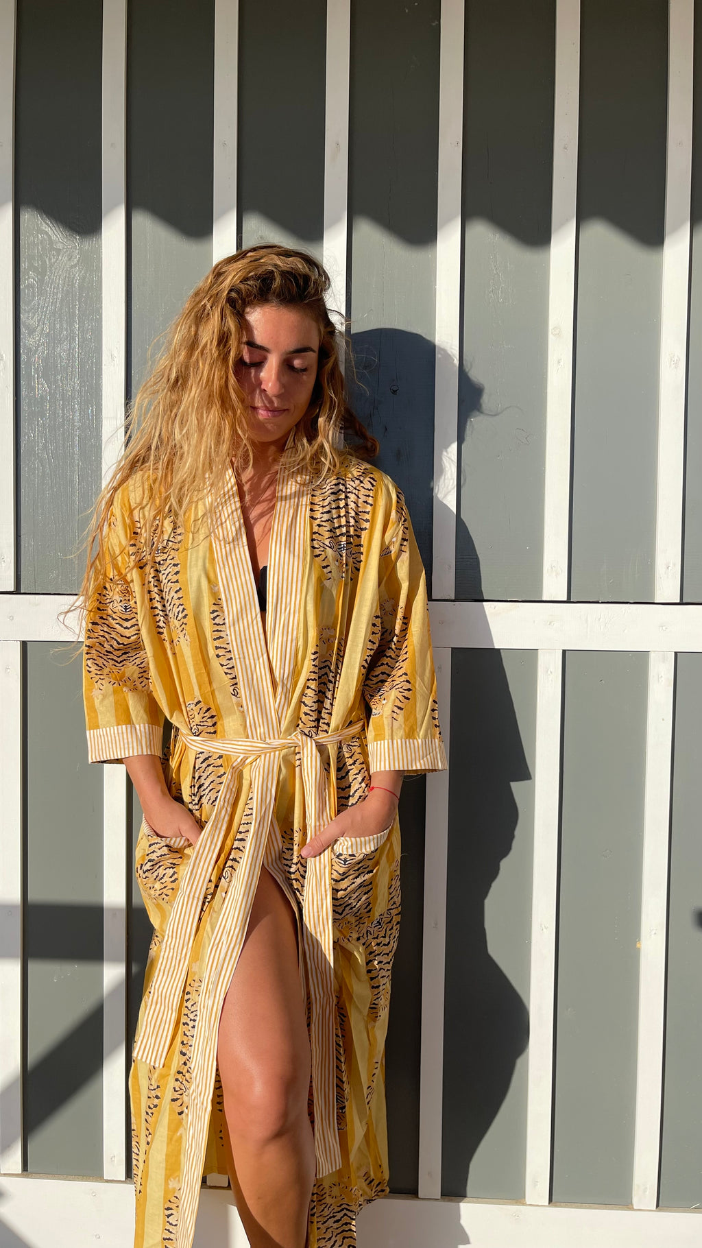 Kimono long Indra en coton, ceinture et poches, confection à la demande, imprimé blockprint Inde