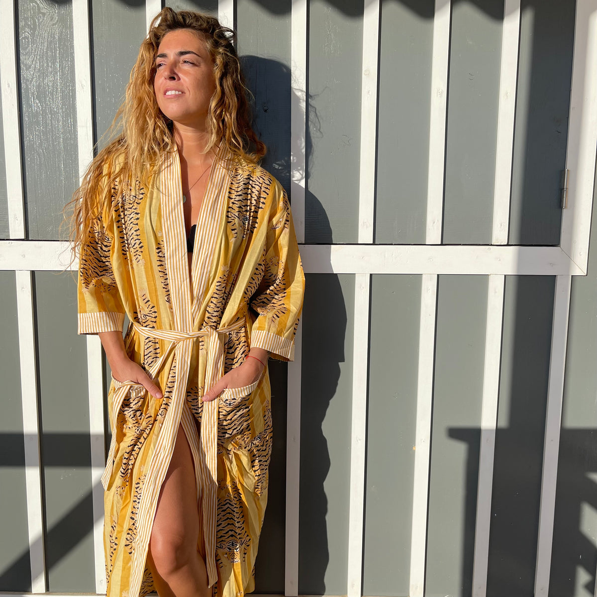 Kimono long Indra en coton, ceinture et poches, imprimé blockprint Inde, savoir-faire ancestral, confection à la demande