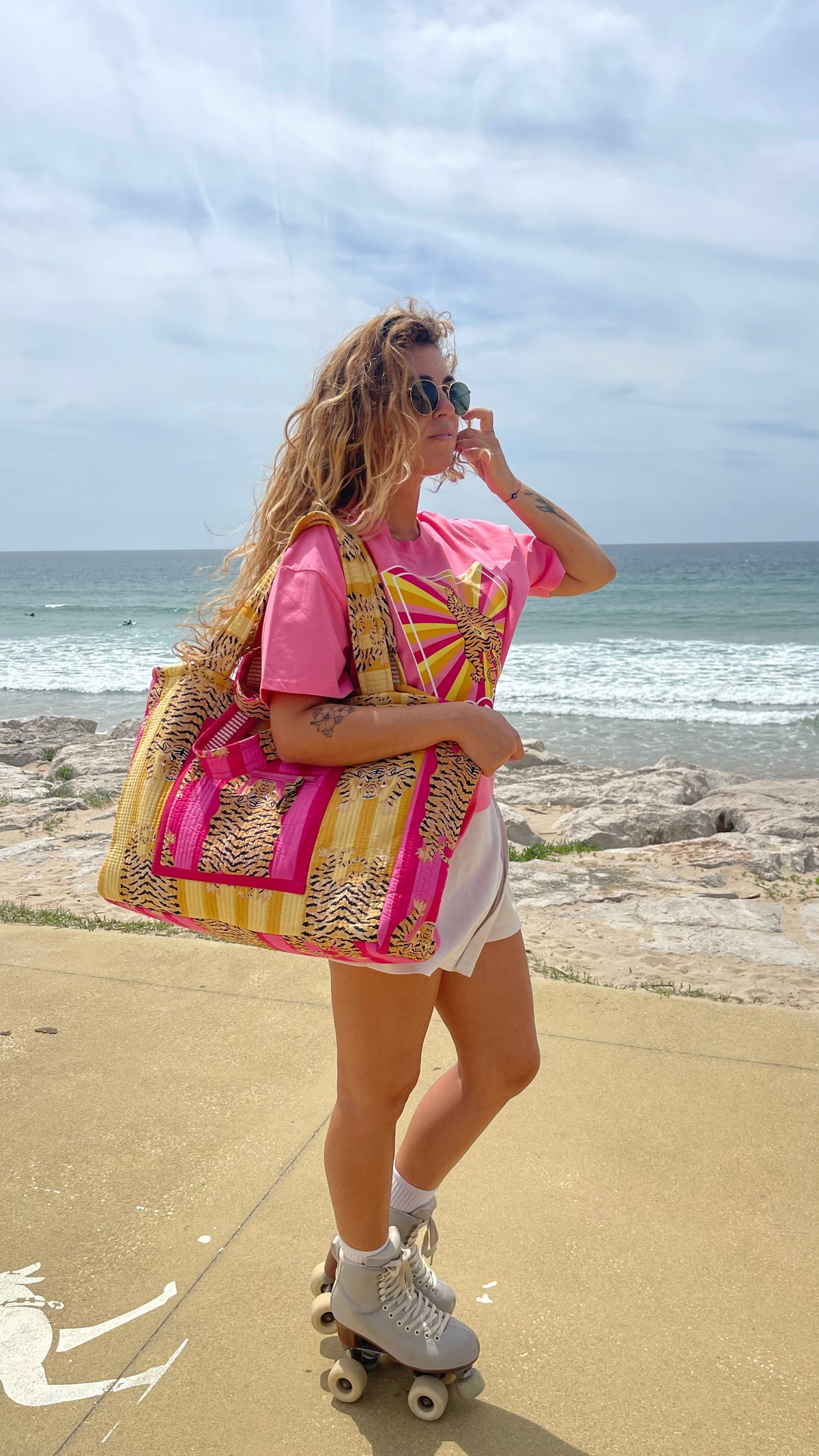 Maxi cabas Ravi matelassé et réversible, fond déperlant, poches zippées, blockprint Inde, confection française fait à la demande