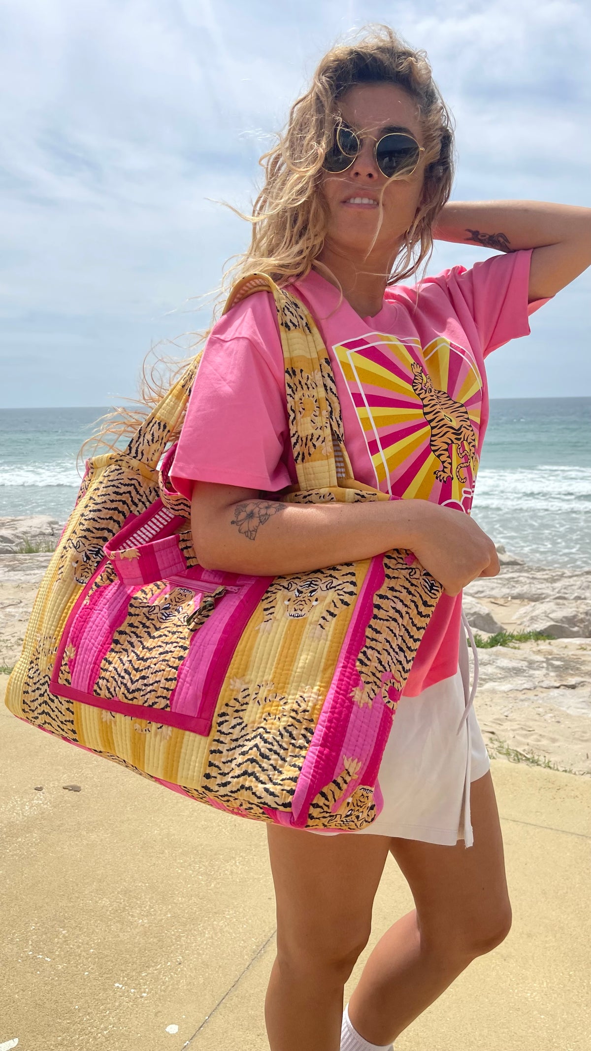 Maxi cabas Ravi matelassé et réversible, fond déperlant, poches zippées, blockprint Inde, confection française