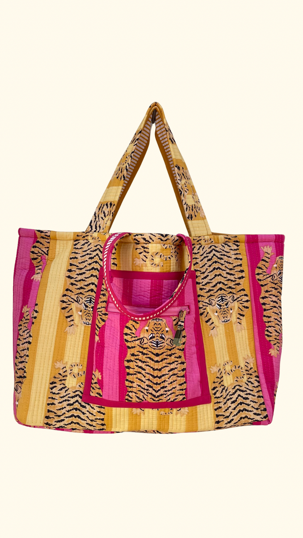 Maxi cabas Ravi matelassé et réversible, fond déperlant, poches zippées, blockprint Inde, confection française à la demande