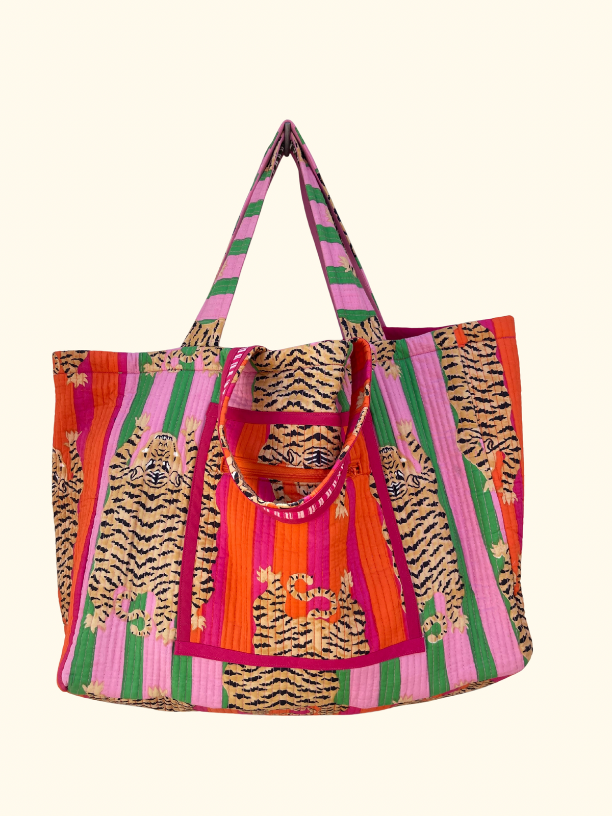 Maxi cabas Ravi matelassé et réversible couleurs orange et rose fuschia, vert et rose, fond déperlant, poches zippées, blockprint Inde, confection française à la demande