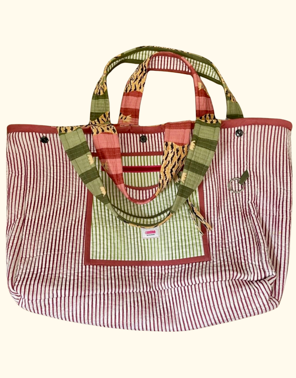 détail maxi cabas Ravi matelassé et réversible rayures vertes et marrons, fond déperlant, poches zippées, blockprint Inde, confection française