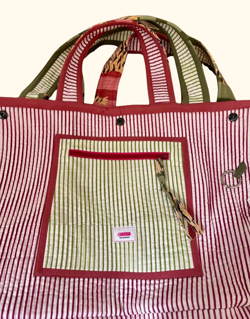 Maxi cabas Ravi matelassé et réversible rayures marrons et vertes, fond déperlant, poches zippées, blockprint Inde, confection française à la demande