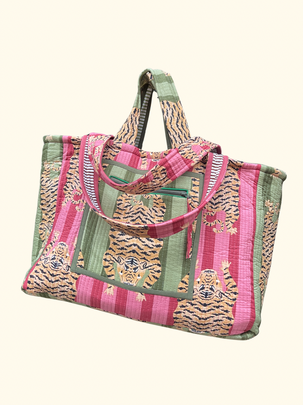 Maxi cabas Ravi matelassé et réversible, fond déperlant, poches zippées, blockprint Inde, confection française