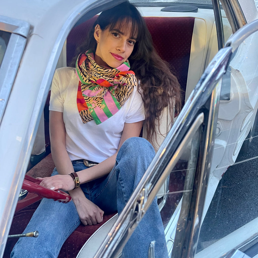 Maxi foulard Mani réversible, couleur rose et vert / orange et rose fuschia, coton blockprint, technique ancestrale indienne, grand format 1,06 m, confection France