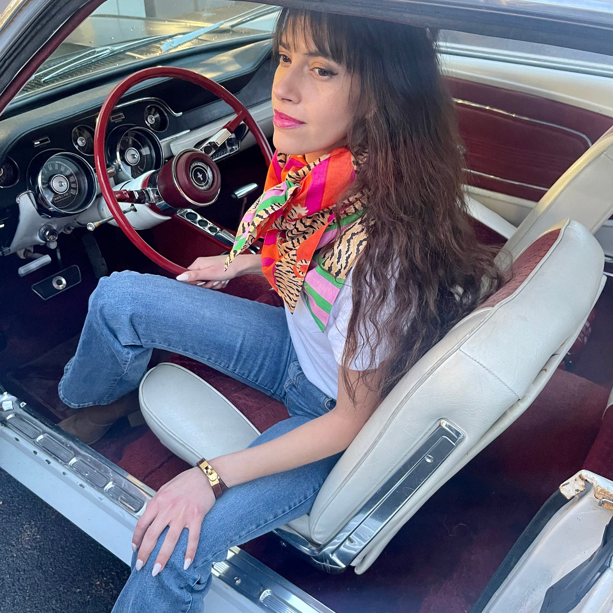 Maxi foulard Mani réversible, couleurs orange et rose fuschia / vert et rose, coton blockprint, technique ancestrale indienne, grand format 1,06 m, confection France