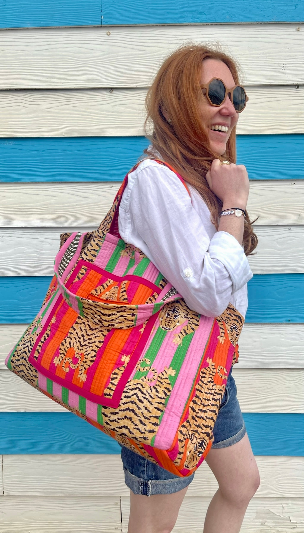 Maxi cabas Ravi matelassé et réversible, fond déperlant, poches zippées, blockprint Inde, confection française