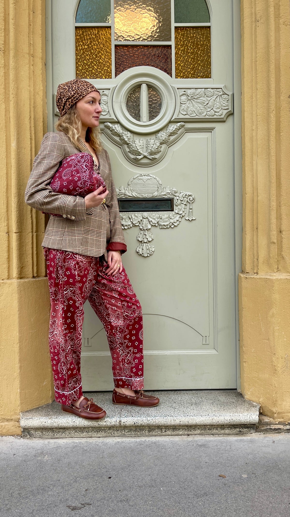 Pyjama pantalon Hari imprimé patchwork bandana bordeaux