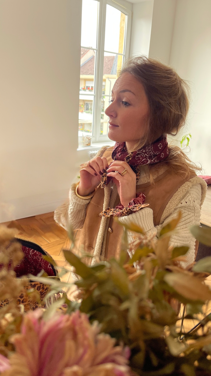 Bandana Maran réversible léopard et bandana bordeaux