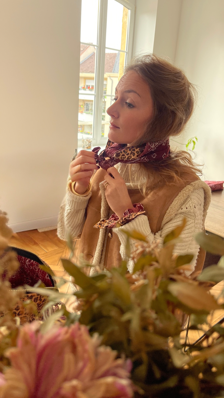 Bandana Maran réversible léopard et bandana bordeaux