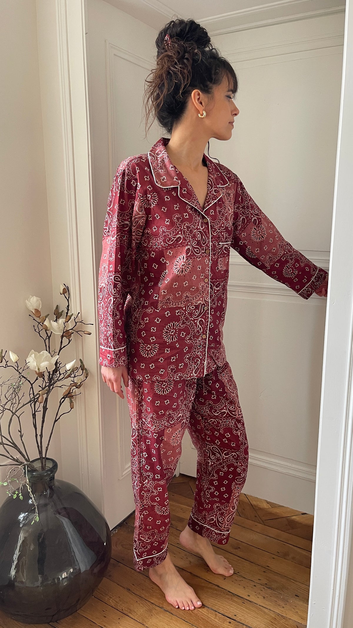 Pyjama pantalon Hari imprimé patchwork bandana bordeaux