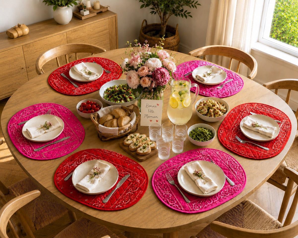 set de table réversible bandana rouge et bandana rose block print indien