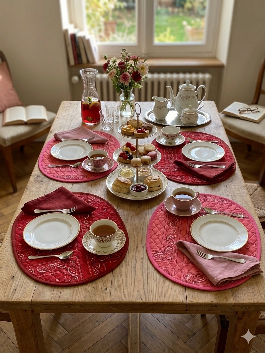 set de table réversible bandana rouge et bandana rose block print indien