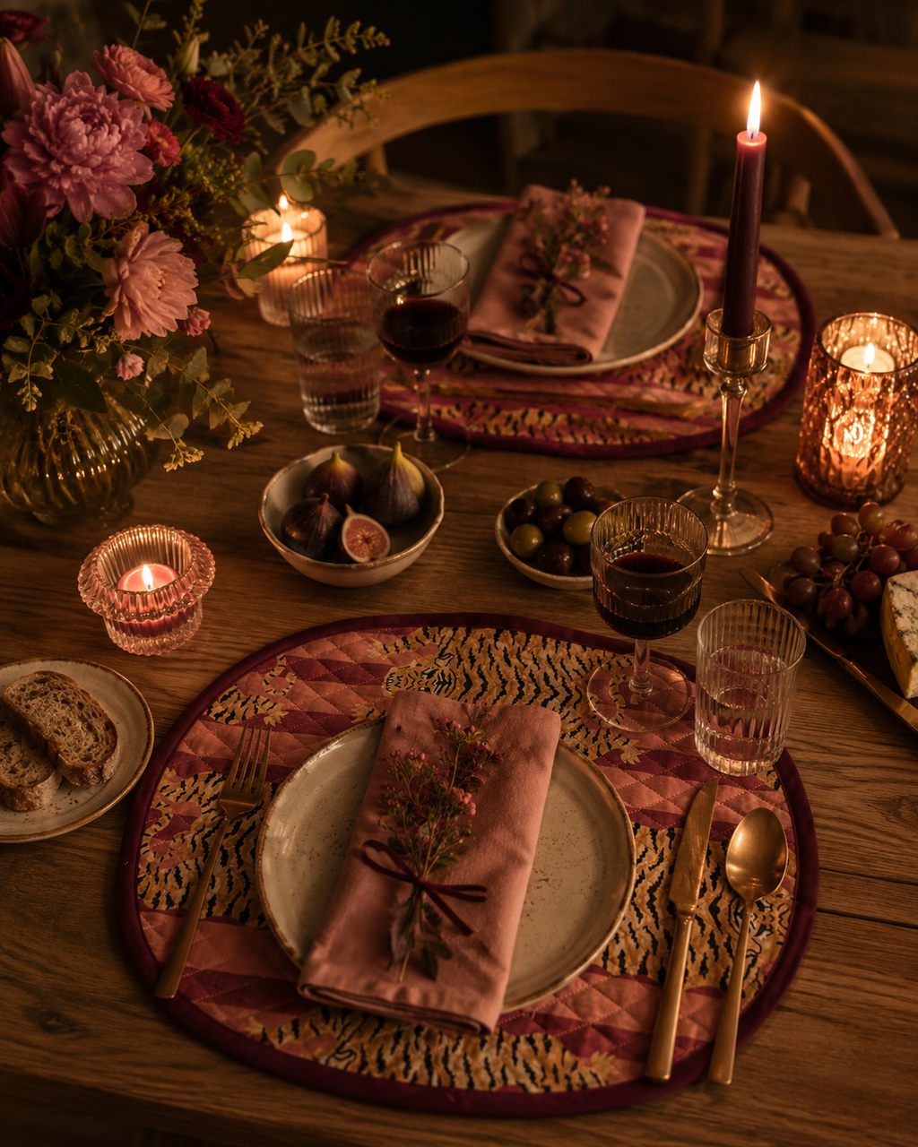 set de table réversible imprimé tigre rayures roses et bordeaux block print indien