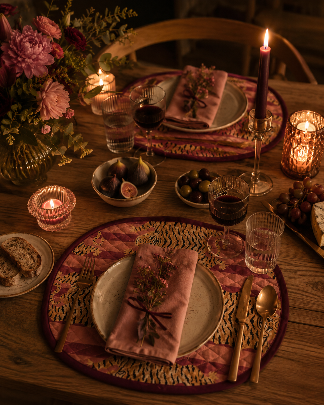 set de table réversible imprimé tigre rayures roses et bordeaux block print indien