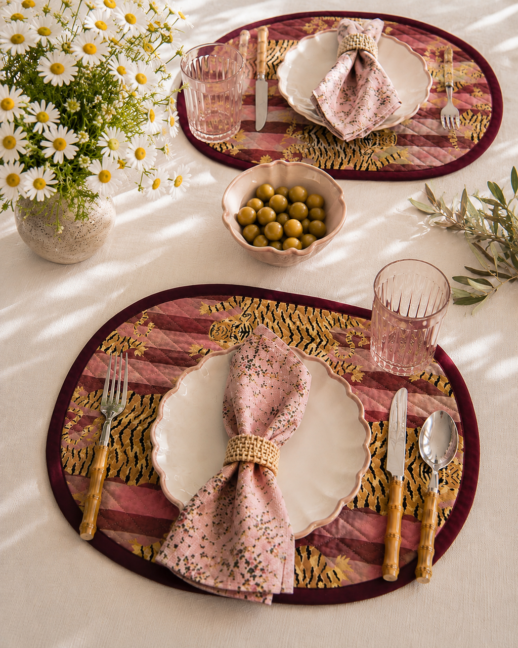 set de table réversible imprimé tigre rayures roses et bordeaux block print indien