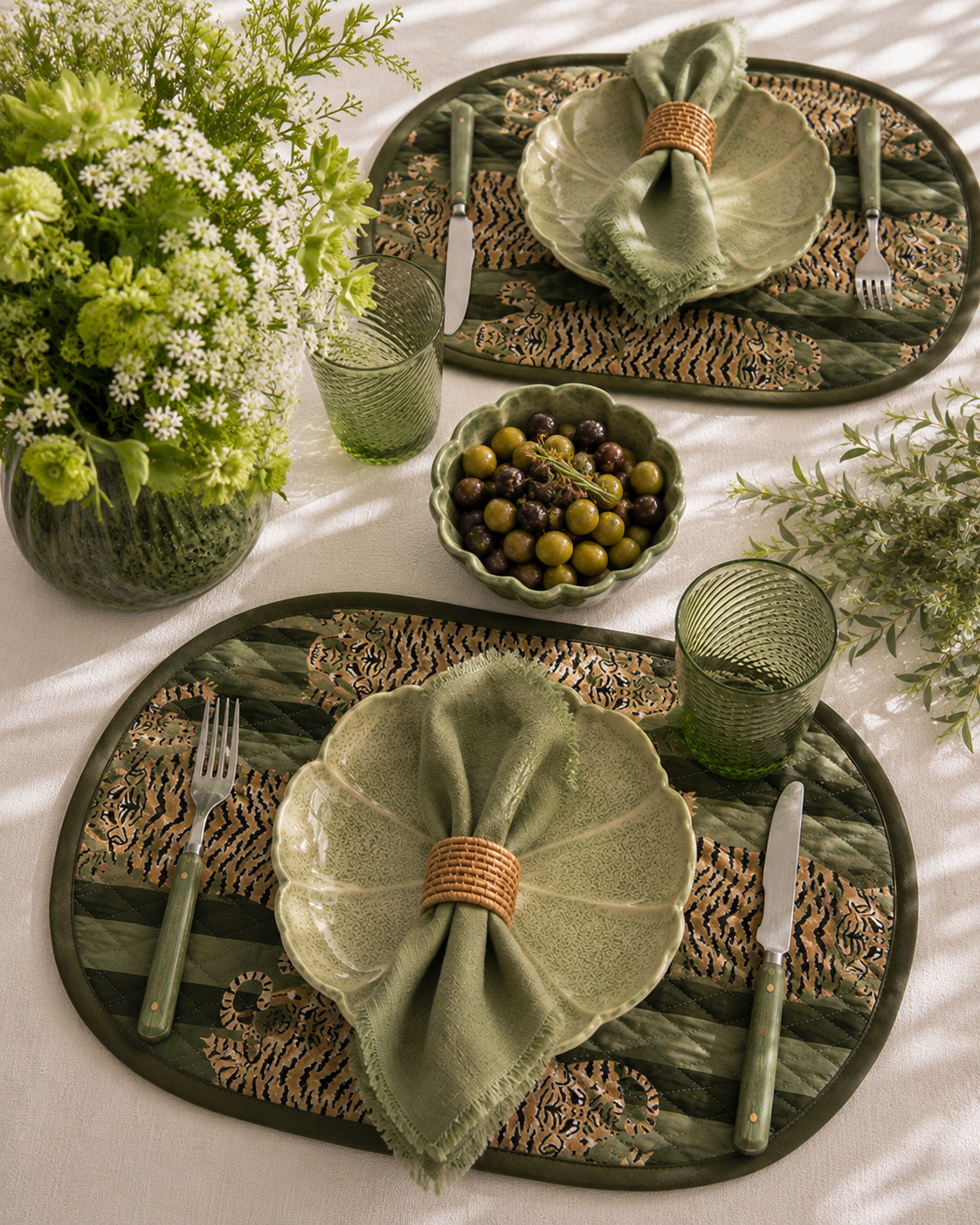 set de table réversible imprimé tigre rayures vertes et kaki block print indien