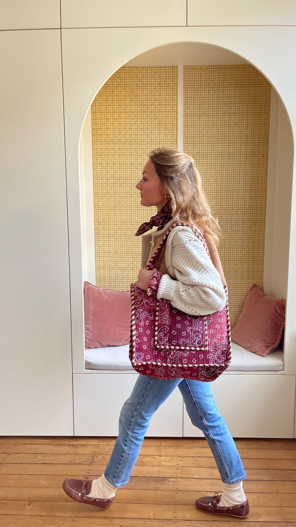 Tote bag Indi matelassé et réversible léopard et patchwork bandana bordeaux